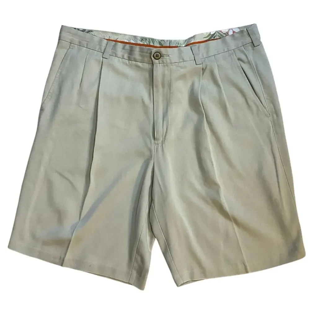 Tommy Bahama Mens 35 Silk Blend Pleated Shorts Khaki 9” Inseam Classic Golf